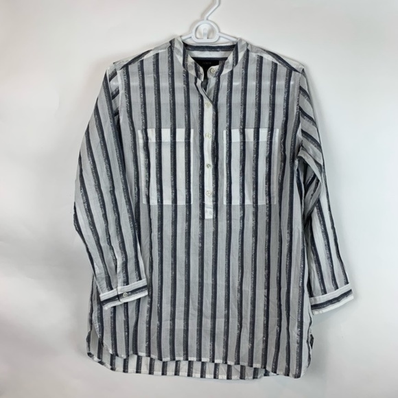 J. Crew White Popover with Blue & Metallic stripes - Picture 1 of 3